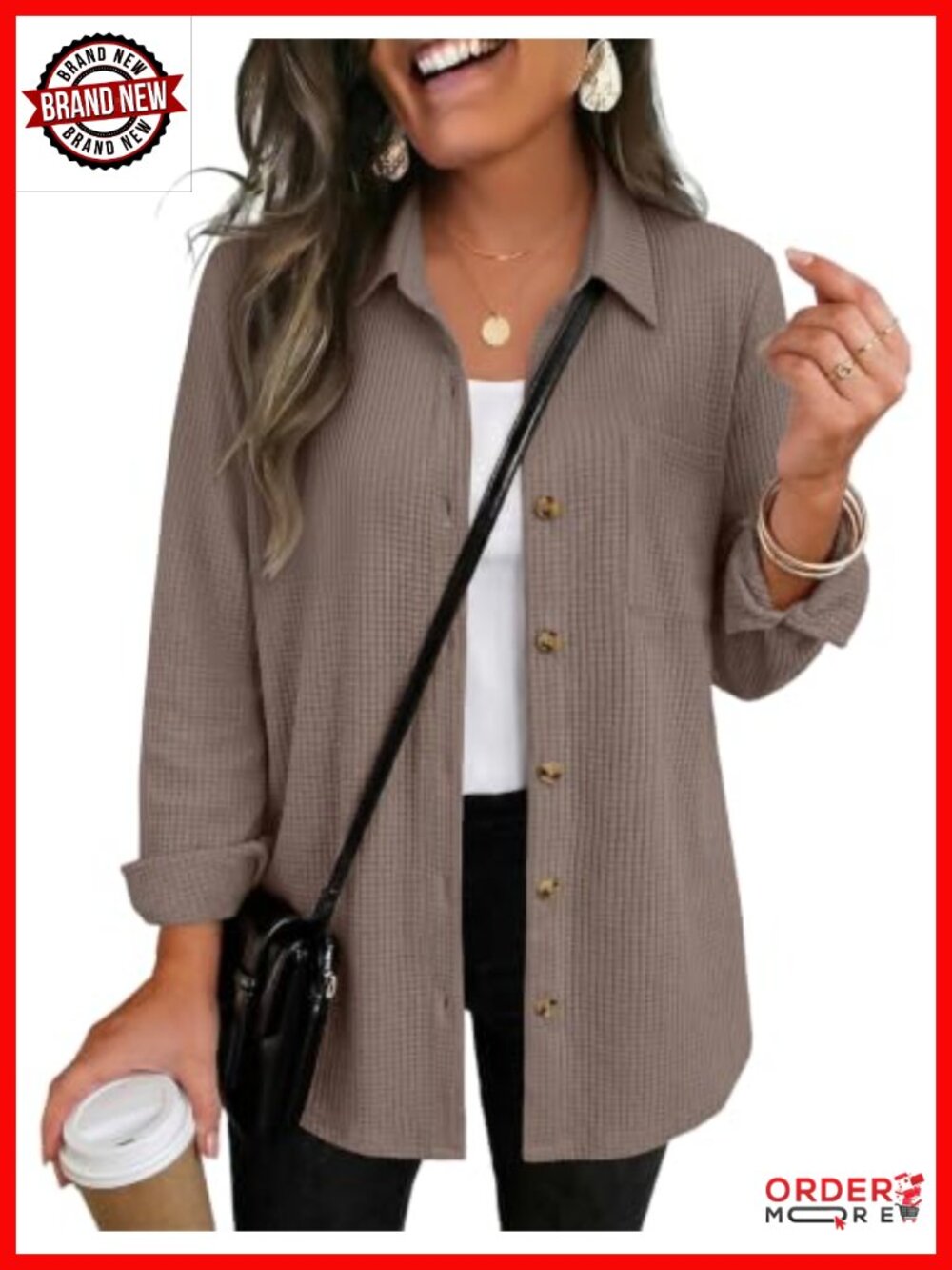 Waffle Knit Button Down Shacket Long Sleeve Top with Pocket